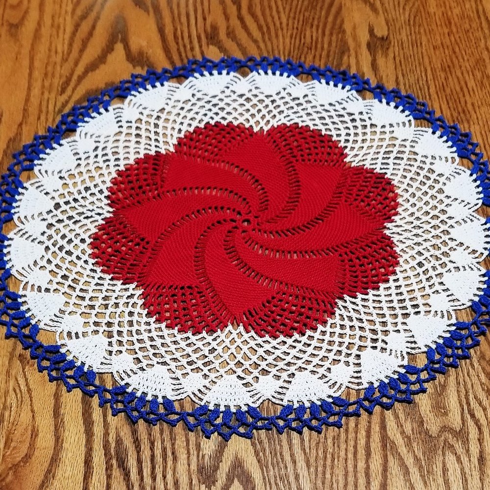 Vintage Style New Hand Crafted Comets Tail Doily.  RED, WHITE,  & BLUE 17"